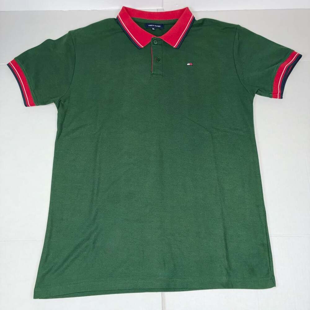 Tommy Hilfiger Men's Green Polo Shirt with Red & White Tipping Collar Size XL